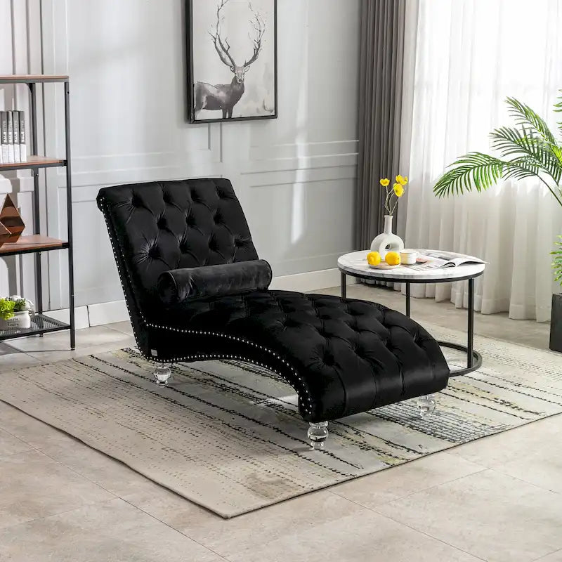 Chaise longue reclinabile imbottita in velluto con bottoni, cuscino e piedini in acrilico
