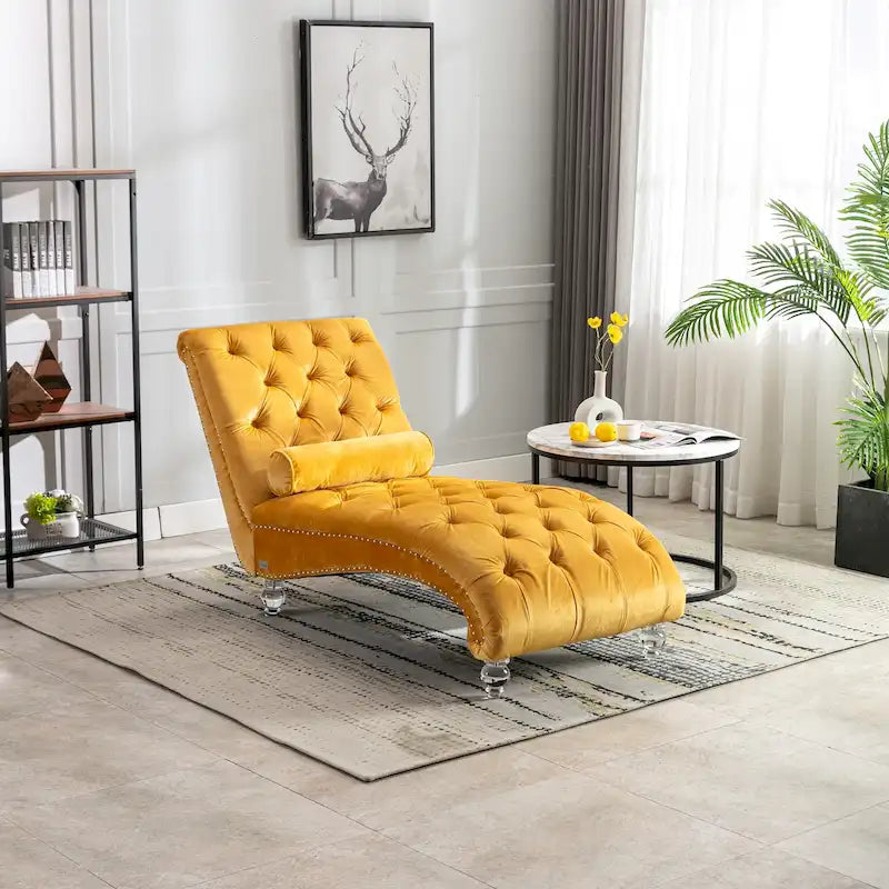 Chaise longue reclinabile imbottita in velluto con bottoni, cuscino e piedini in acrilico