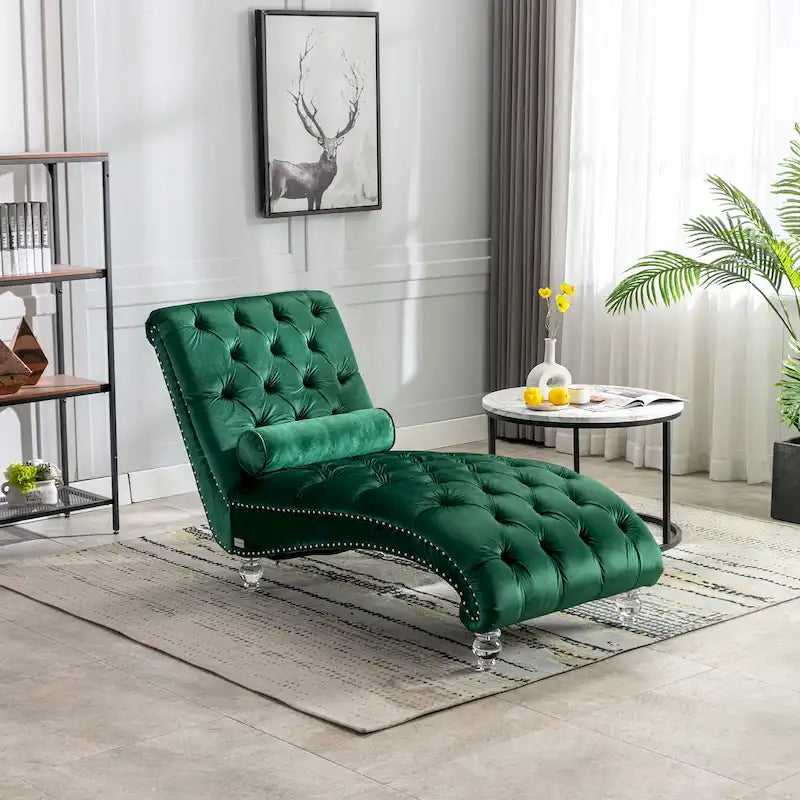 Chaise longue reclinabile imbottita in velluto con bottoni, cuscino e piedini in acrilico