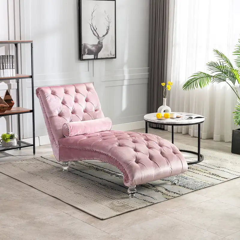 Chaise longue reclinabile imbottita in velluto con bottoni, cuscino e piedini in acrilico