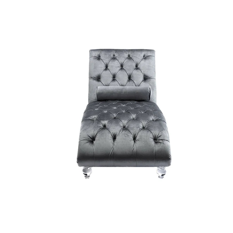 Chaise longue reclinabile imbottita in velluto con bottoni, cuscino e piedini in acrilico