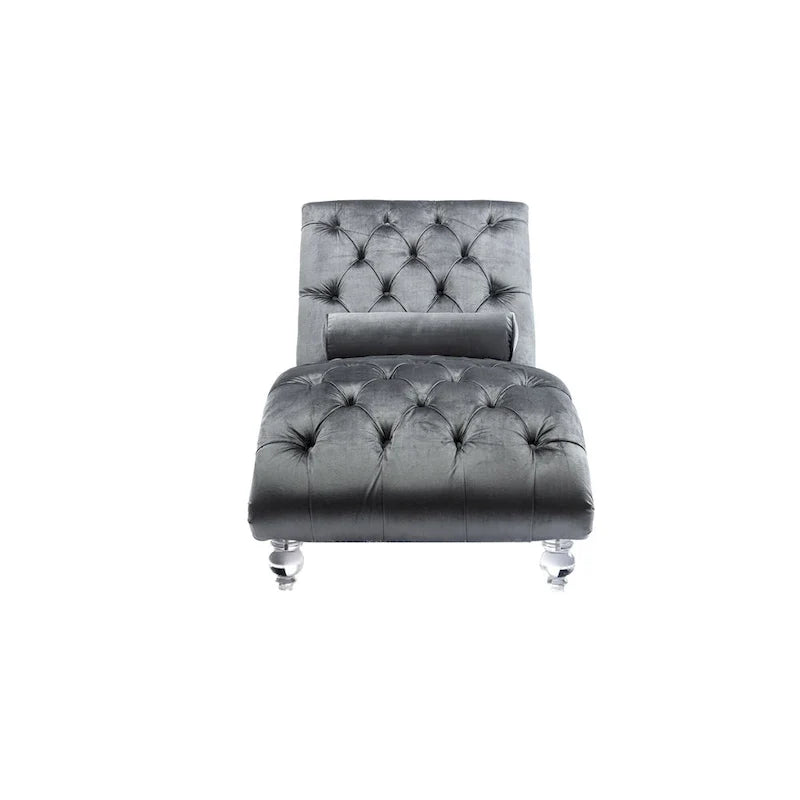 Chaise longue reclinabile imbottita in velluto con bottoni, cuscino e piedini in acrilico