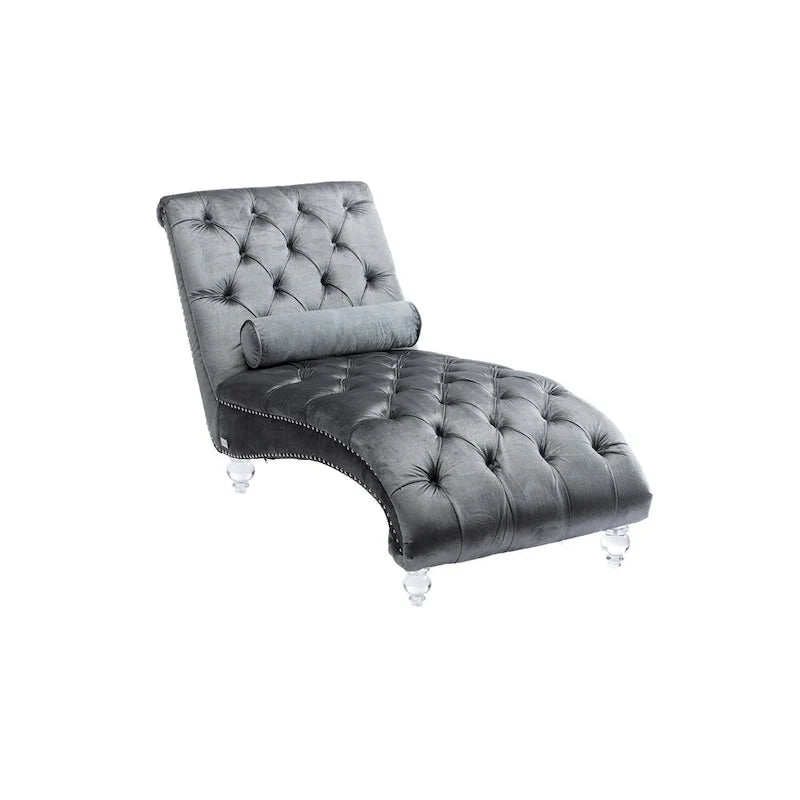 Chaise longue reclinabile imbottita in velluto con bottoni, cuscino e piedini in acrilico