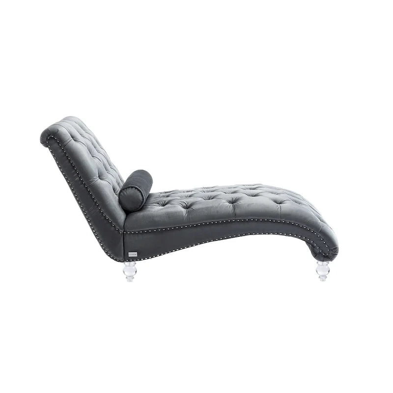 Chaise longue reclinabile imbottita in velluto con bottoni, cuscino e piedini in acrilico