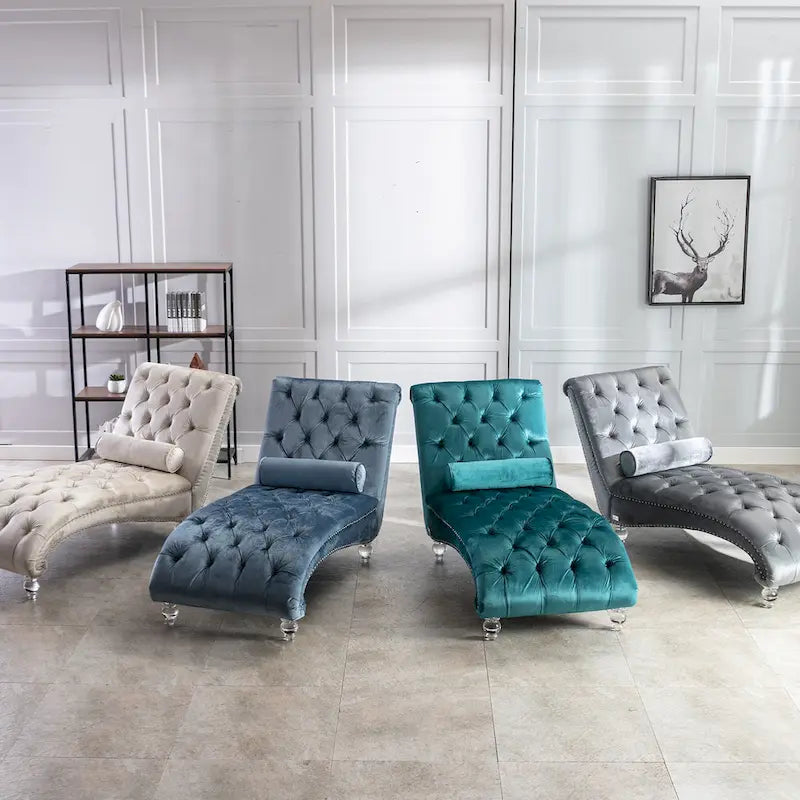 Chaise longue reclinabile imbottita in velluto con bottoni, cuscino e piedini in acrilico