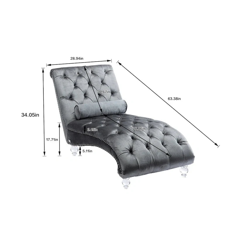 Chaise longue reclinabile imbottita in velluto con bottoni, cuscino e piedini in acrilico