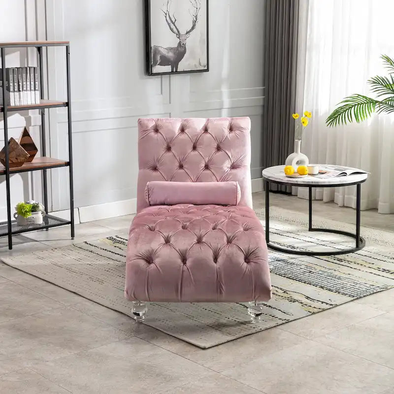 Chaise longue reclinabile imbottita in velluto con bottoni, cuscino e piedini in acrilico