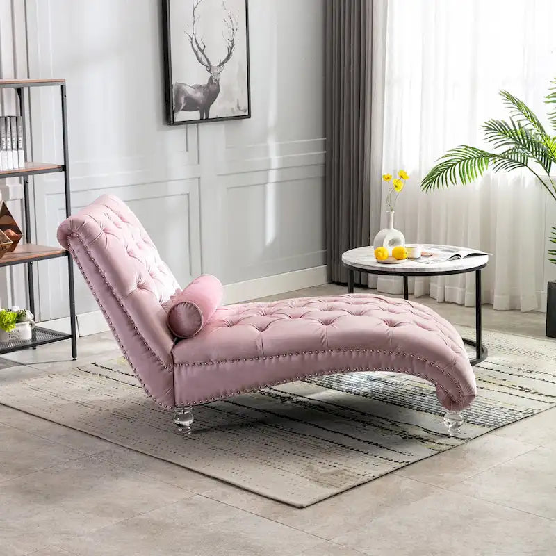 Chaise longue reclinabile imbottita in velluto con bottoni, cuscino e piedini in acrilico
