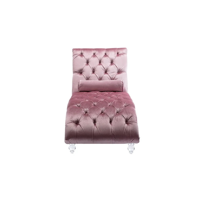 Chaise longue reclinabile imbottita in velluto con bottoni, cuscino e piedini in acrilico