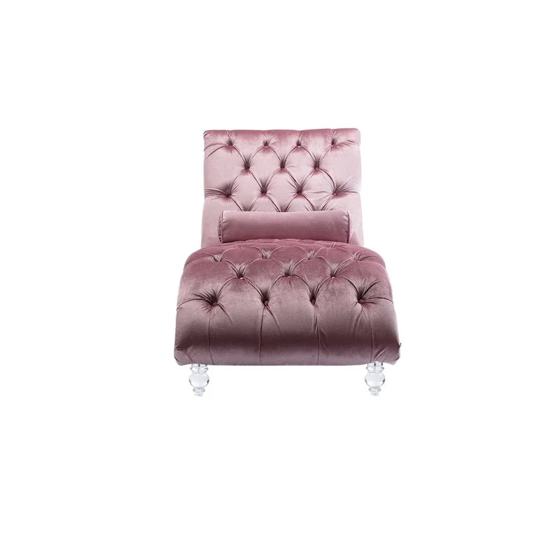 Chaise longue reclinabile imbottita in velluto con bottoni, cuscino e piedini in acrilico