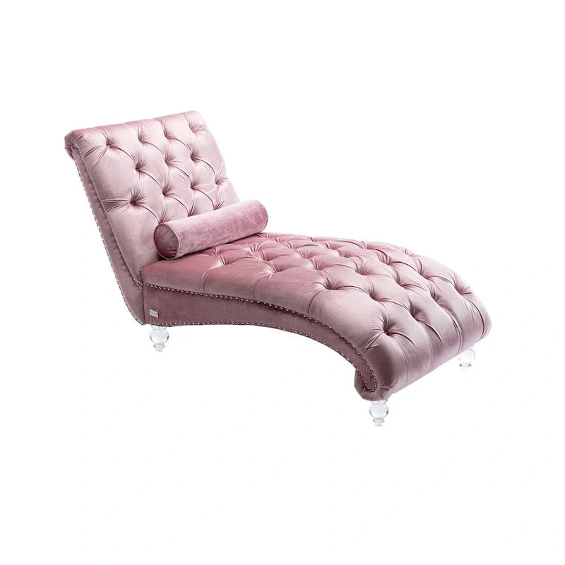 Chaise longue reclinabile imbottita in velluto con bottoni, cuscino e piedini in acrilico