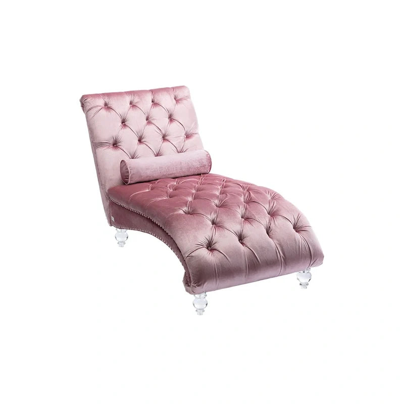 Chaise longue reclinabile imbottita in velluto con bottoni, cuscino e piedini in acrilico