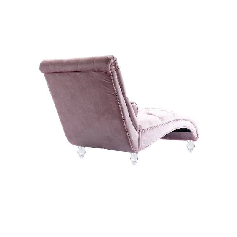 Chaise longue reclinabile imbottita in velluto con bottoni, cuscino e piedini in acrilico