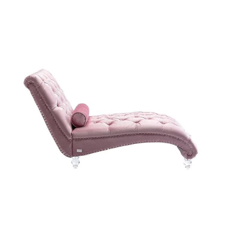 Chaise longue reclinabile imbottita in velluto con bottoni, cuscino e piedini in acrilico