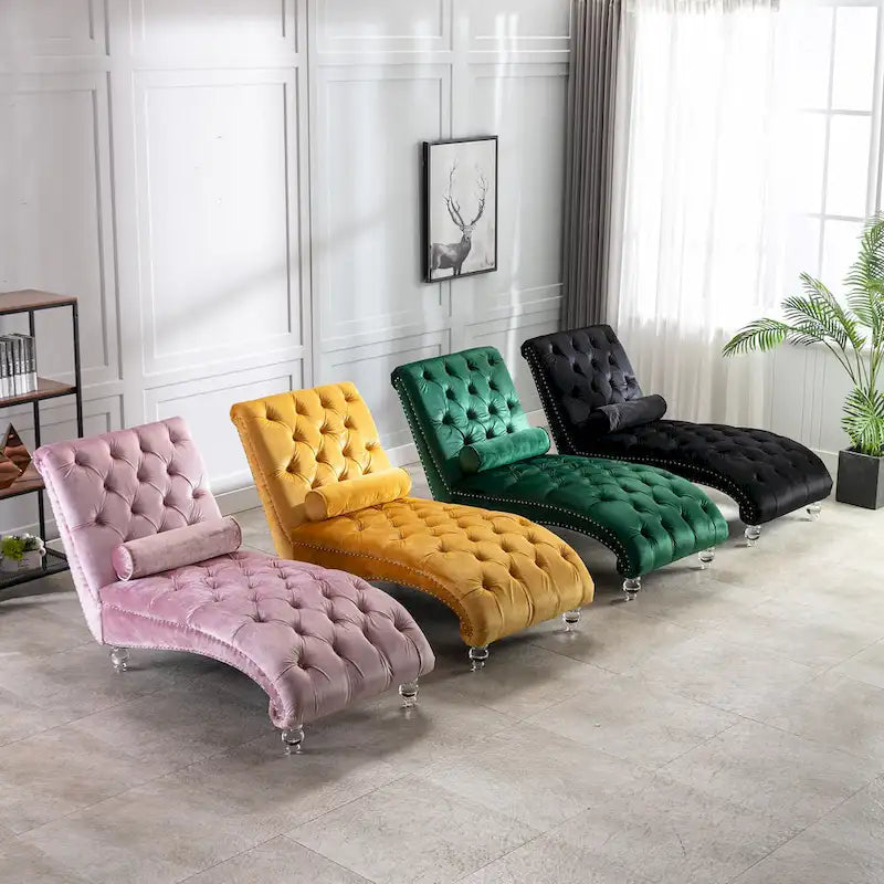 Chaise longue reclinabile imbottita in velluto con bottoni, cuscino e piedini in acrilico