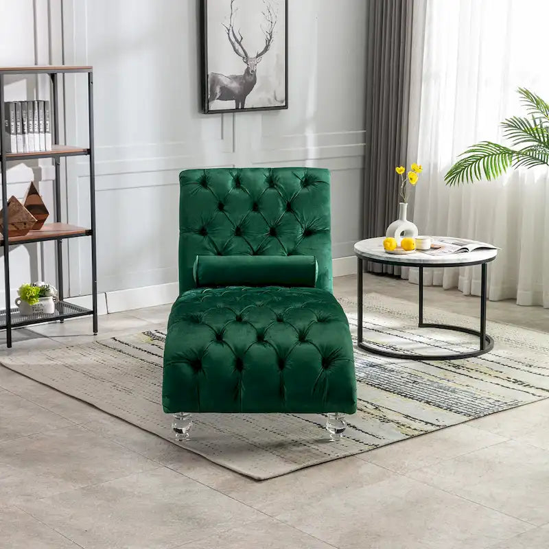 Chaise longue reclinabile imbottita in velluto con bottoni, cuscino e piedini in acrilico