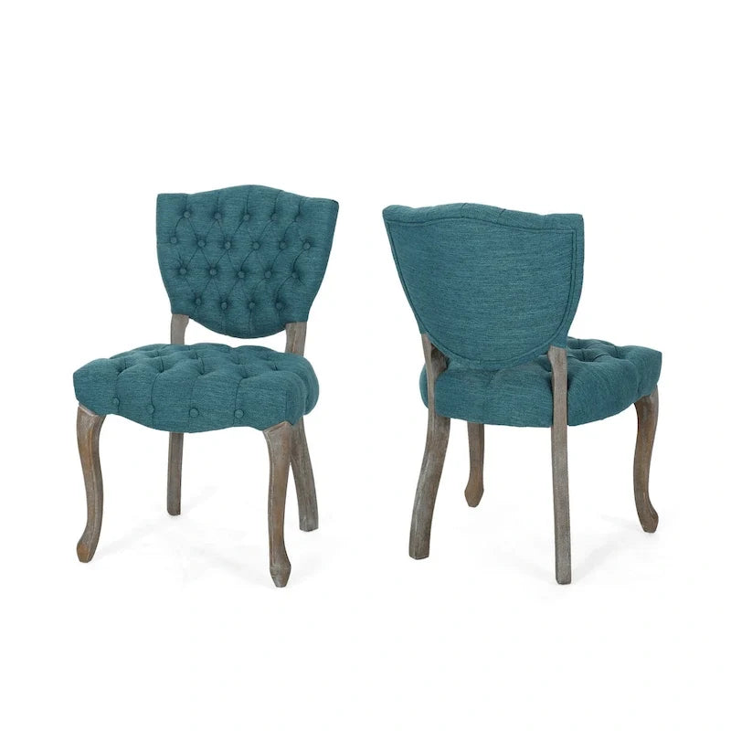 Dining Chair Set of 2, Button Tufted Teal Fabric Design, Rubberwood