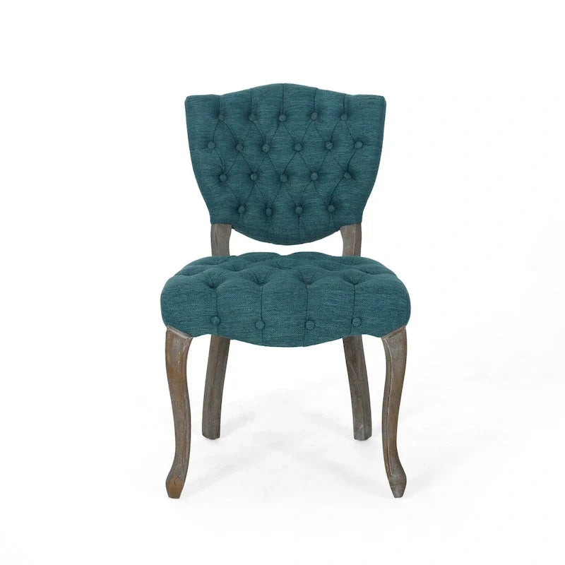 Dining Chair Set of 2, Button Tufted Teal Fabric Design, Rubberwood