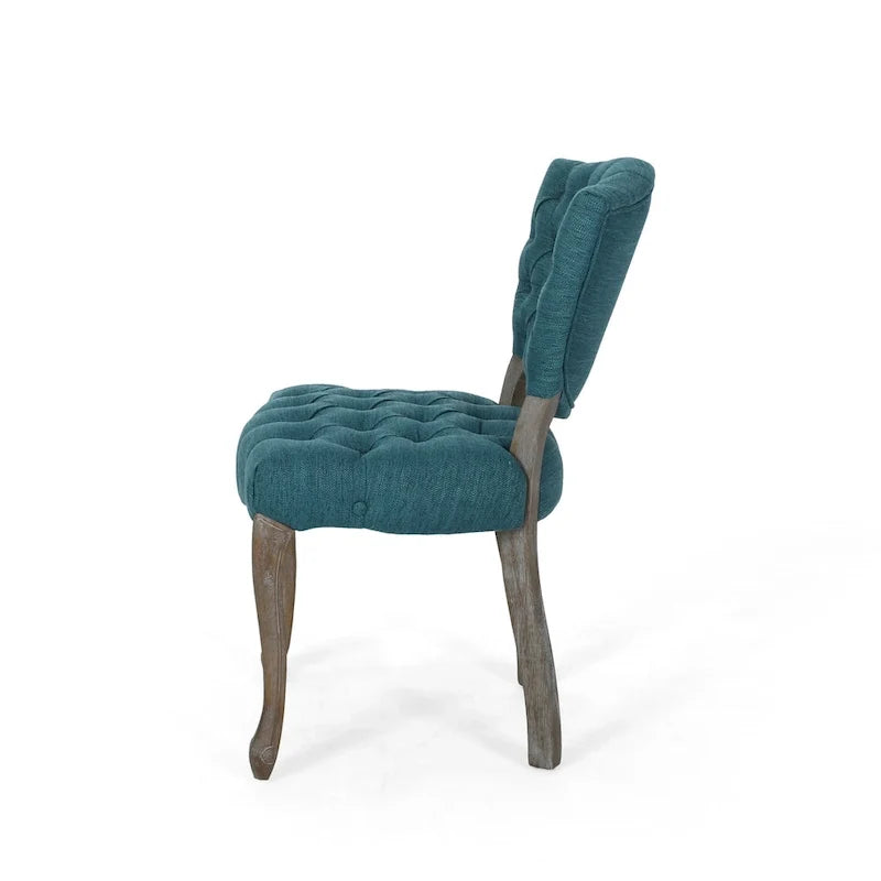 Dining Chair Set of 2, Button Tufted Teal Fabric Design, Rubberwood