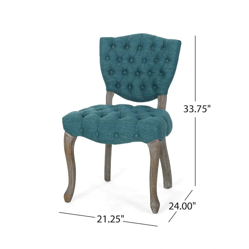 Dining Chair Set of 2, Button Tufted Teal Fabric Design, Rubberwood