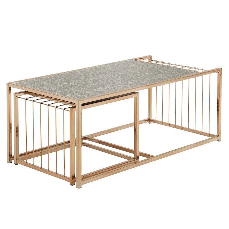 Champagne Gold Finish Textured Mirror Top Nesting Coffee Table