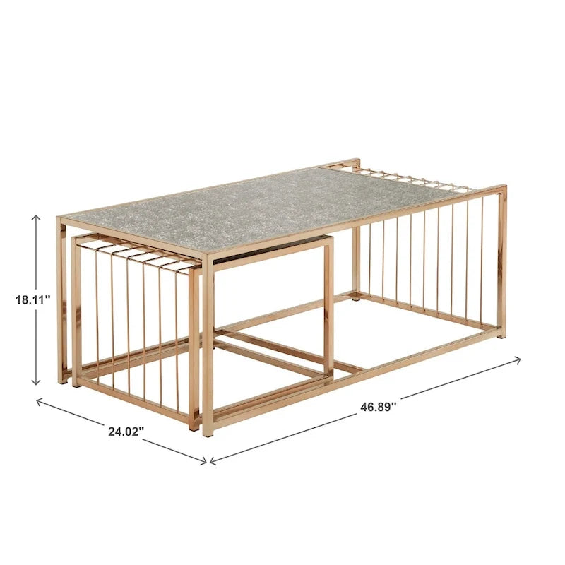 Champagne Gold Finish Textured Mirror Top Nesting Coffee Table