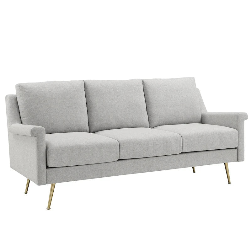 Szara sofa z materiału ze złotymi metalowymi nogami