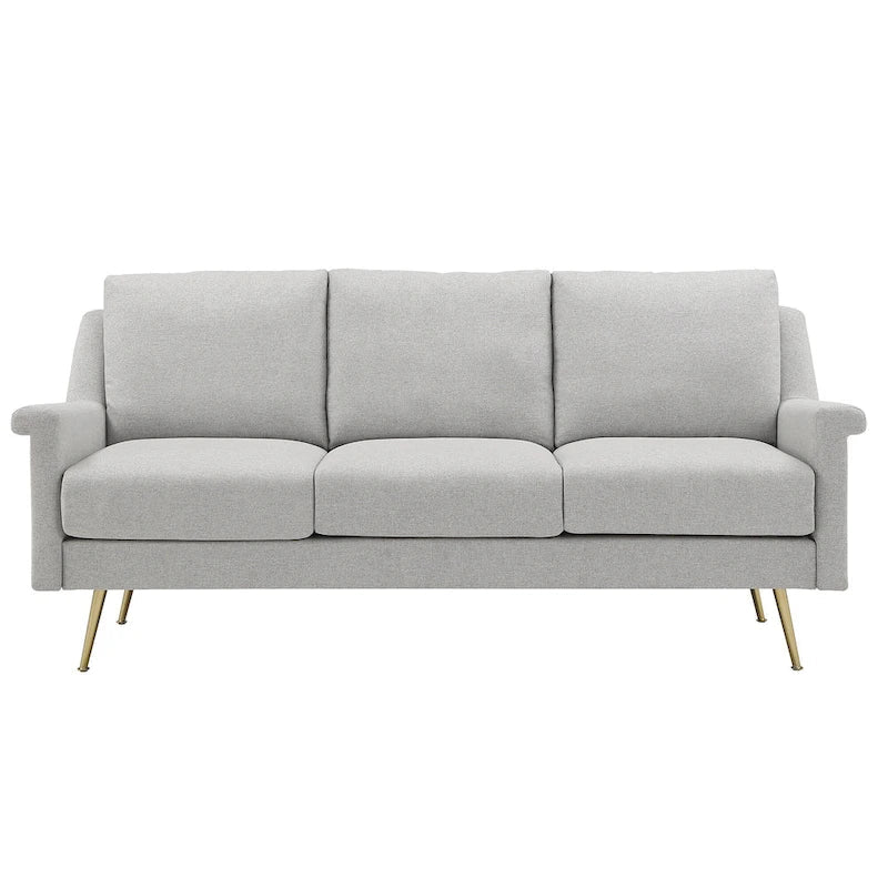 Divano in tessuto grigio con gambe in metallo dorato