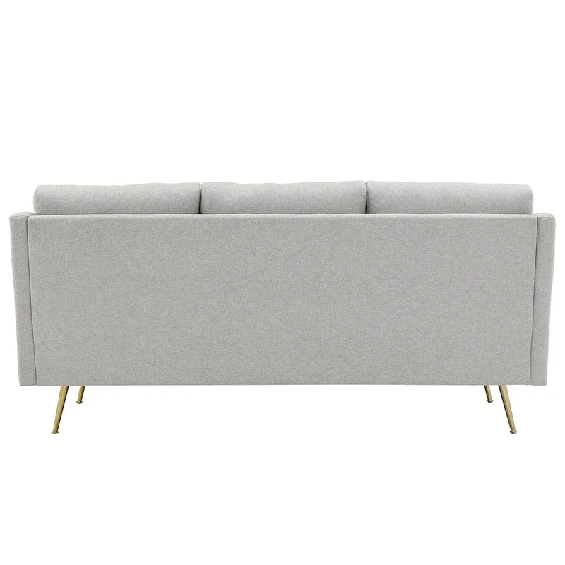 Szara sofa z materiału ze złotymi metalowymi nogami