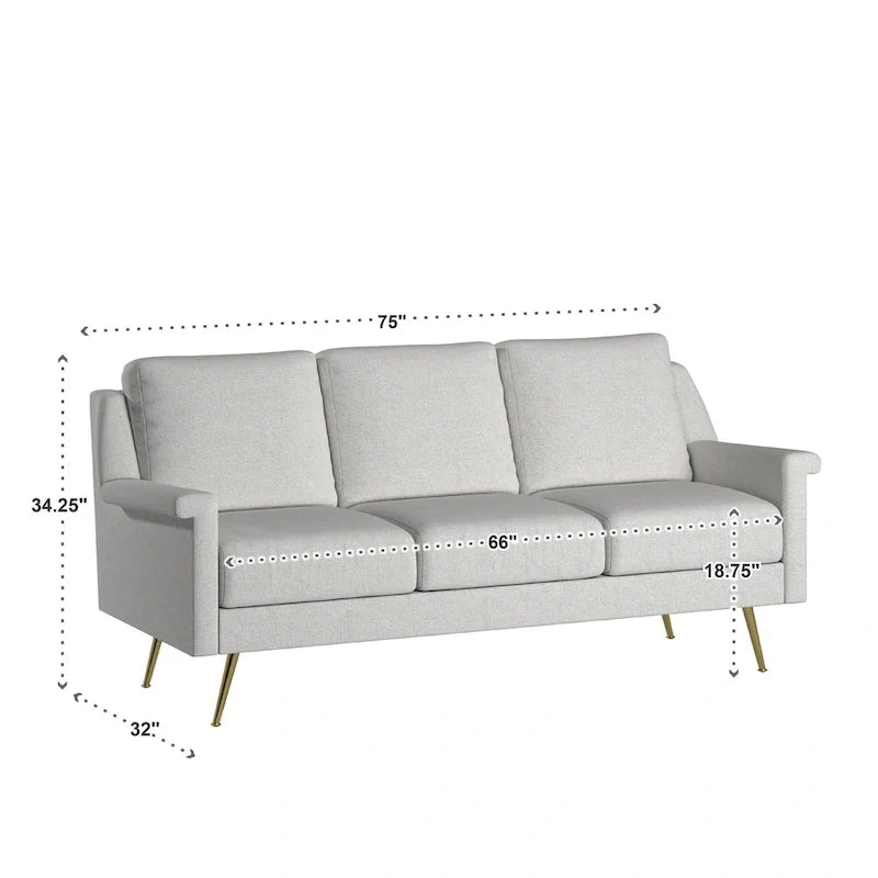 Divano in tessuto grigio con gambe in metallo dorato