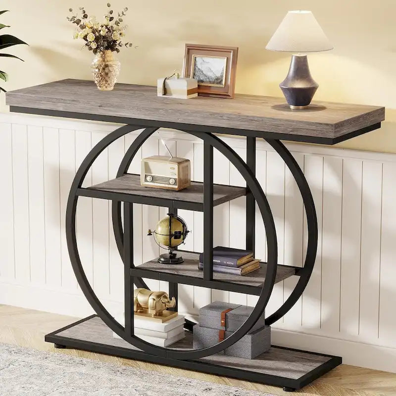 Industrial 4-Tier Sofa Table Entryway Table with Circle Base