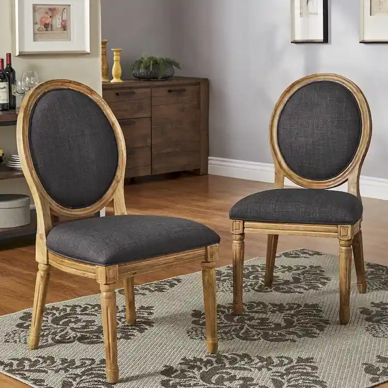 Round Linen and Wood Dining Chairs (Set of 2)
