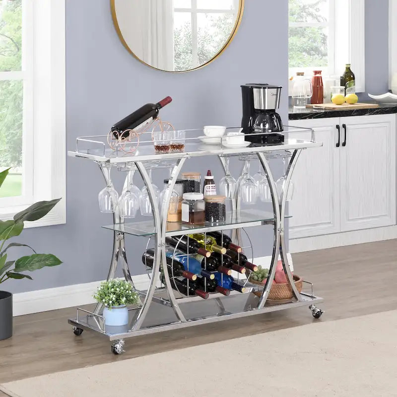 Myhozm 3-tier Serving Metal Bar Cart with Tempered Glass