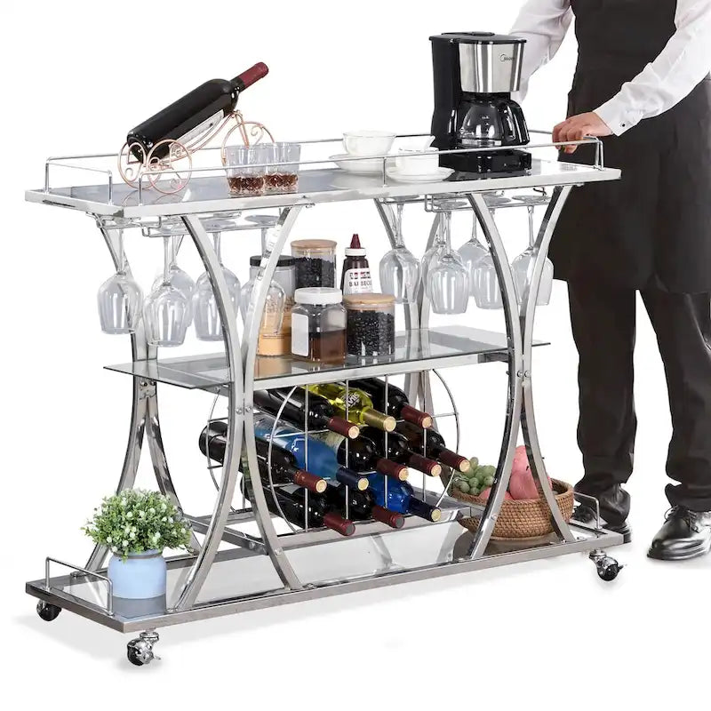 3-tier Serving Metal Bar Cart with Tempered Glass