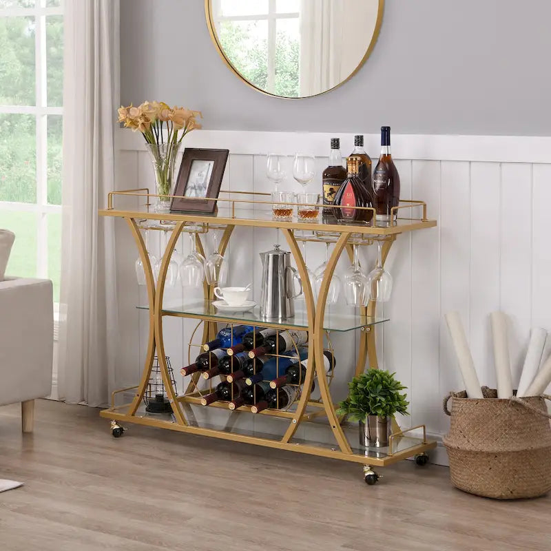 3-tier Serving Metal Bar Cart with Tempered Glass