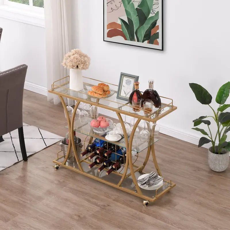3-tier Serving Metal Bar Cart with Tempered Glass