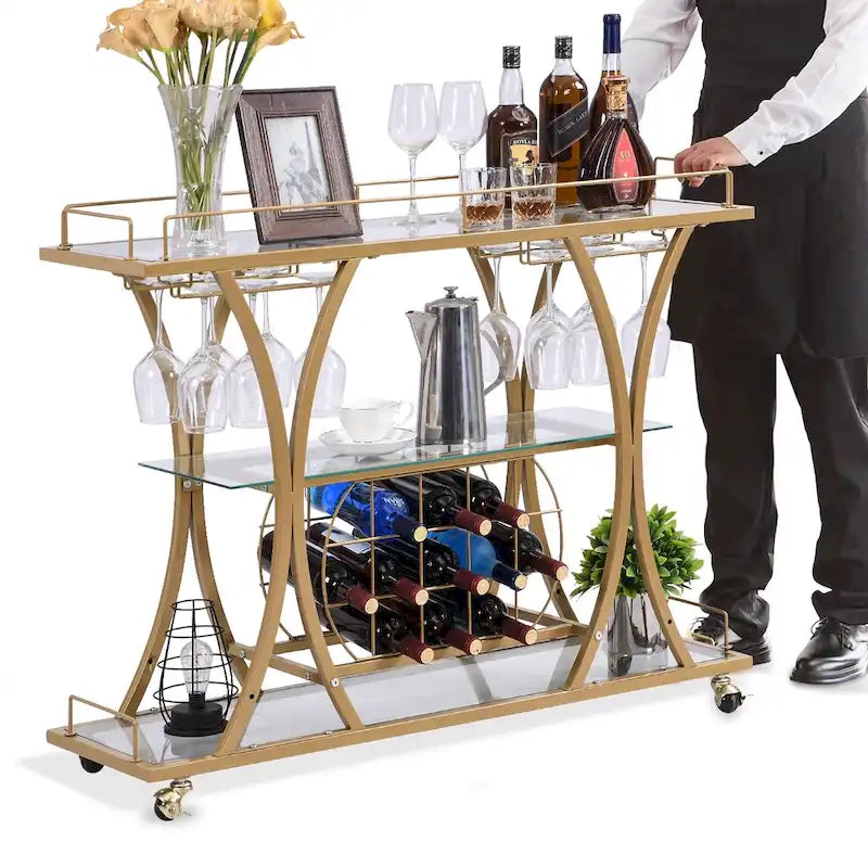 3-tier Serving Metal Bar Cart with Tempered Glass