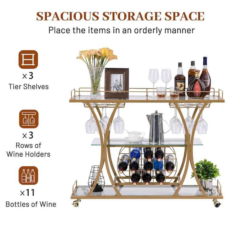 3-tier Serving Metal Bar Cart with Tempered Glass