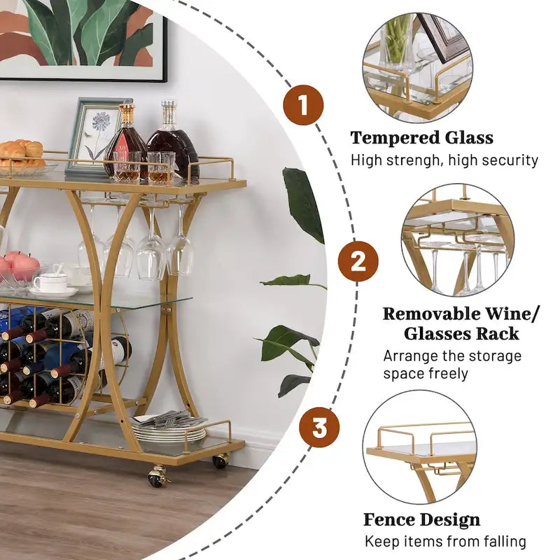 3-tier Serving Metal Bar Cart with Tempered Glass