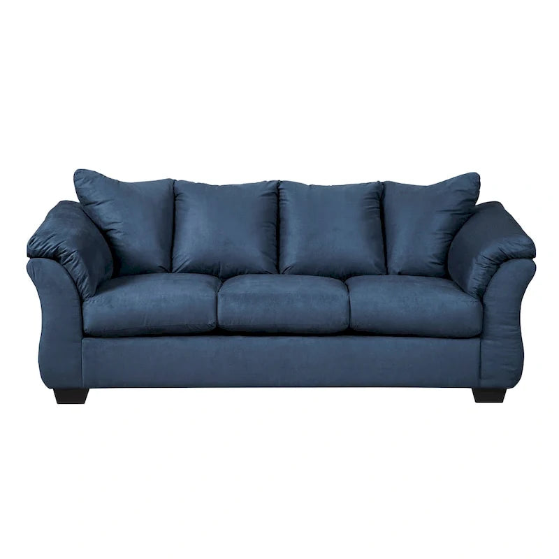 Granatowa sofa z mikrofibry z oparciem i poduszkami