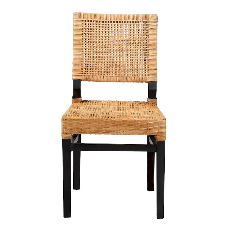 Modern Bohemian Natural Brown Rattan and Espresso Brown Mahogany Wood Dining Chair