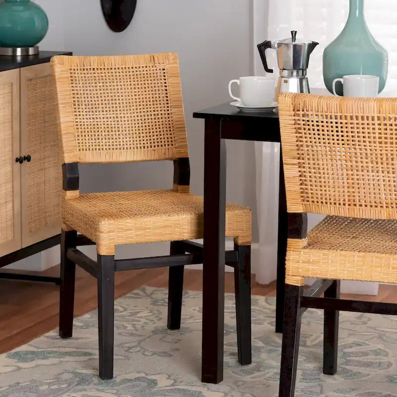 Modern Bohemian Natural Brown Rattan and Espresso Brown Mahogany Wood Dining Chair