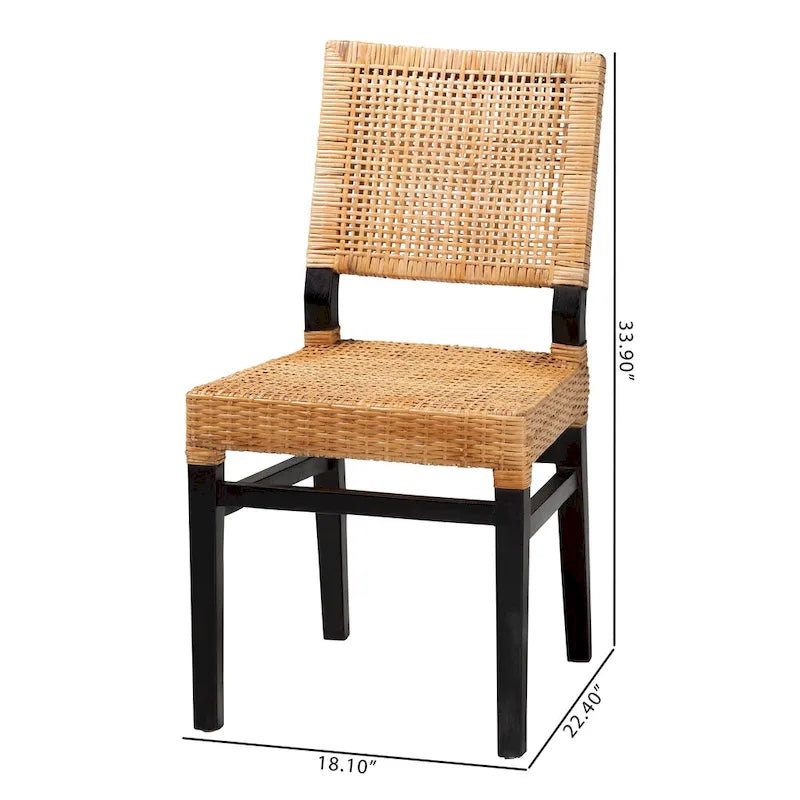 Modern Bohemian Natural Brown Rattan and Espresso Brown Mahogany Wood Dining Chair