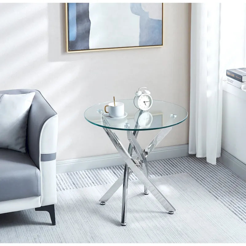 Modern Round Tempered Glass End Table with Stainless Steel Legs