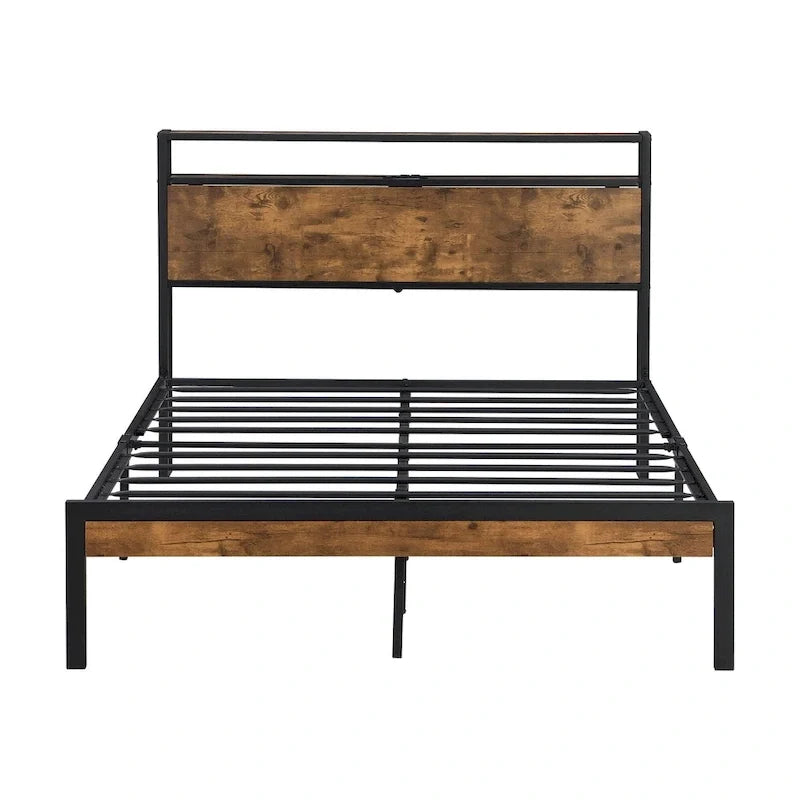 Queen Size Metal Platform Bed Frame with Wooden Headboard and Footboard with USB
