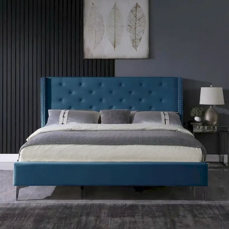 King Size Velvet Upholstered Platform Bed Frame with 6 inches Metal Legs