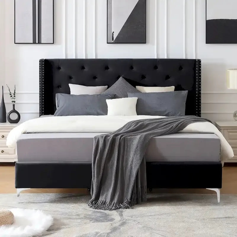 King Size Velvet Upholstered Platform Bed Frame with 6 inches Metal Legs