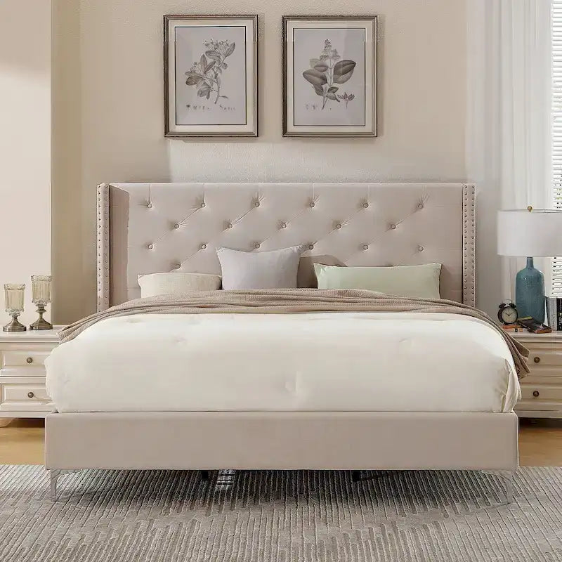 King Size Velvet Upholstered Platform Bed Frame with 6 inches Metal Legs