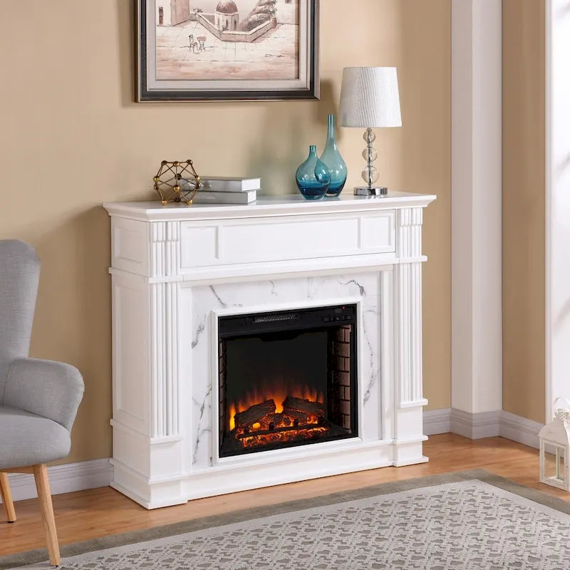SEI Furniture Occom Electric Fireplace with Faux Marble Mantel with Media Storage