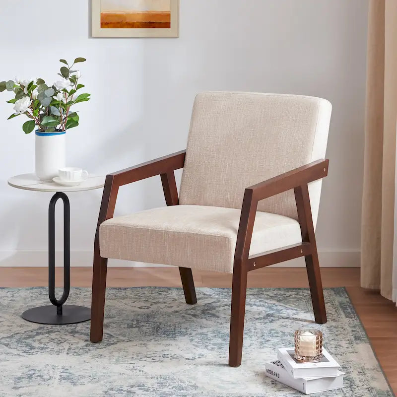 Poltrona d'accento con struttura in legno massello marrone e rivestimento bianco o blu, in stile moderno di metà secolo, per soggiorno o camera da letto